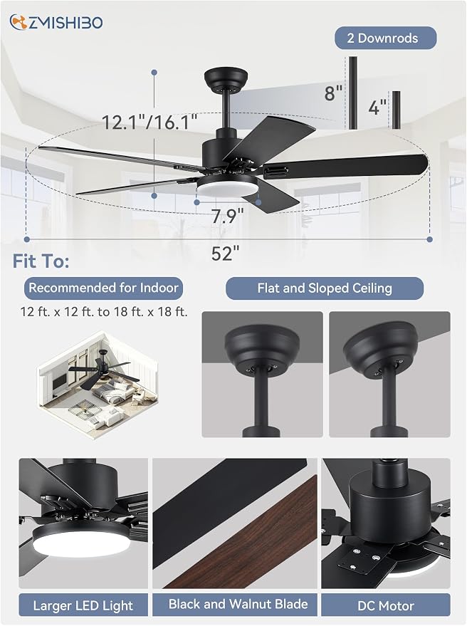 ZMISHIBO 2 Pack 52" Ceiling Fans with Lights, Black Modern Ceiling Fan with Remote & App Control, Farmhouse Indoor Fan with Dual Finish Blades, Quiet & Strong Motor, 24W Dimmable Bright LED Light.