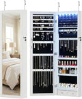 DUMOS 6 LEDs Mirror Jewelry Cabinet, Wall or Door Mounted Jewelry Organizer, 47.2-Inch Tall Lockable Large Capacity Cosmetic Storage, Gift Idea, White | Hanging Door or Wall Mounted Mirror, Lockable, Large Capacity Cosmetic Storage, 2 Drawers, Gift Ide...
