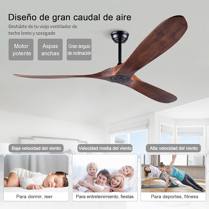 Ceiling Fans without Lights, 60 Inch Wood Ceiling Fan no Light with Remote, Outdoor Ceiling Fan for Living Room, Patio, Porch, 6 Speeds, Quiet DC Motor(Deep Walnut Blades)