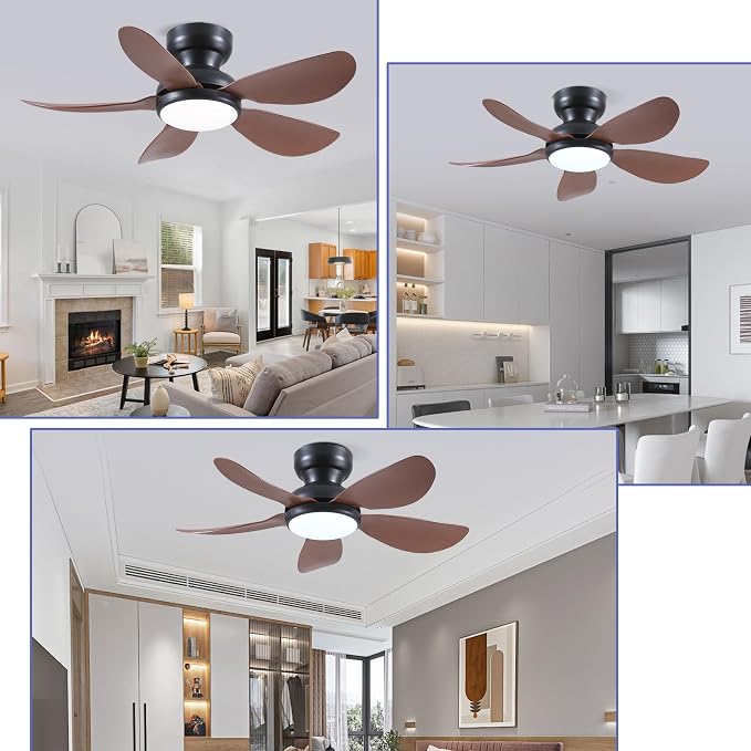 Kviflon 36 Inch Modern Ceiling Fans with Lights, Small Flush Mount Ceiling Fan with Light and Remote/APP Control, 5 Reversible 6 Speeds Curved Blades, 3 CCT Dimmable Lights for Kids Room, Brown