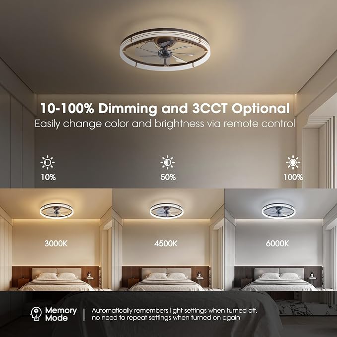 LUDOMIDE 24 Inch Ceiling Fans with Lights and Remote, Modern Low Profile Ceiling Fan, Dimmable LED Light, Quite Reversible DC Motor, 6 Wind Speeds Flush Mount Ceiling Fans for Bedroom Indoor