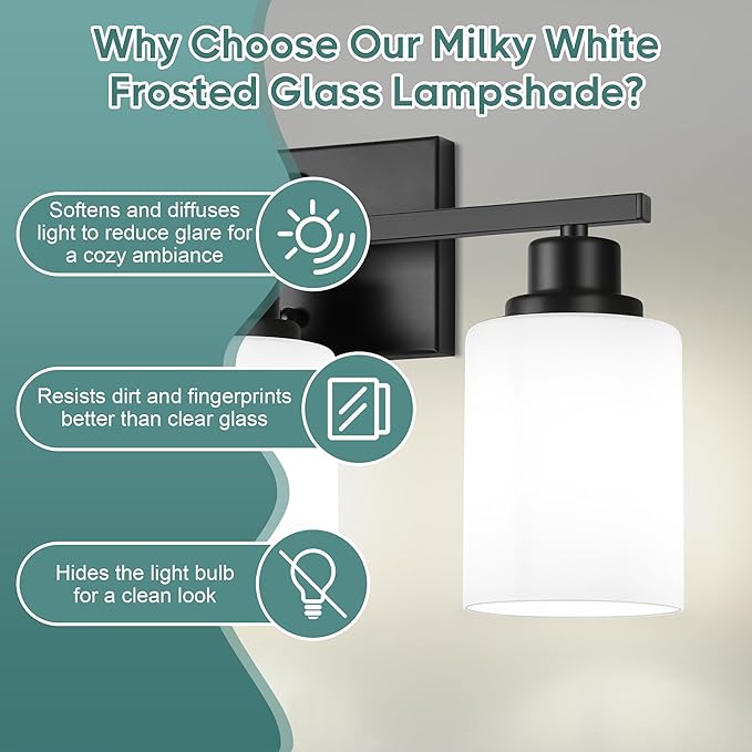 Ascher Bathroom Light Fixtures, 3-Light Vanity Light Over Mirror, Black Wall Sconces with Milky White Frosted Glass Shades, Wall Lamp for Living Room Bedroom, E26 Base(Bulbs Not Included)