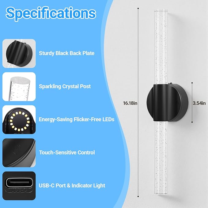 Peel and Stick on Black Battery Operated Wall Sconces Set of 2, Rechargeable Magnetic Wireless Wall Lights for Bedroom, Long Picture Vanity Wall Lamps with Remote&Touch Control, 3CCT&Dimmable Sconces