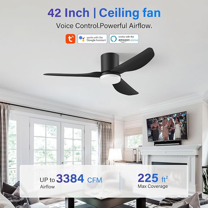 42 Inch Smart Ceiling Fans with Lights Remote,Low Profile Ceiling Fan Control via WIFI Alexa App,Modern Flush Mount Fans for Small Bedroom,Patio,Porch,Outdoor Indoor,Matte Black,Dimmable,Ultra-quiet