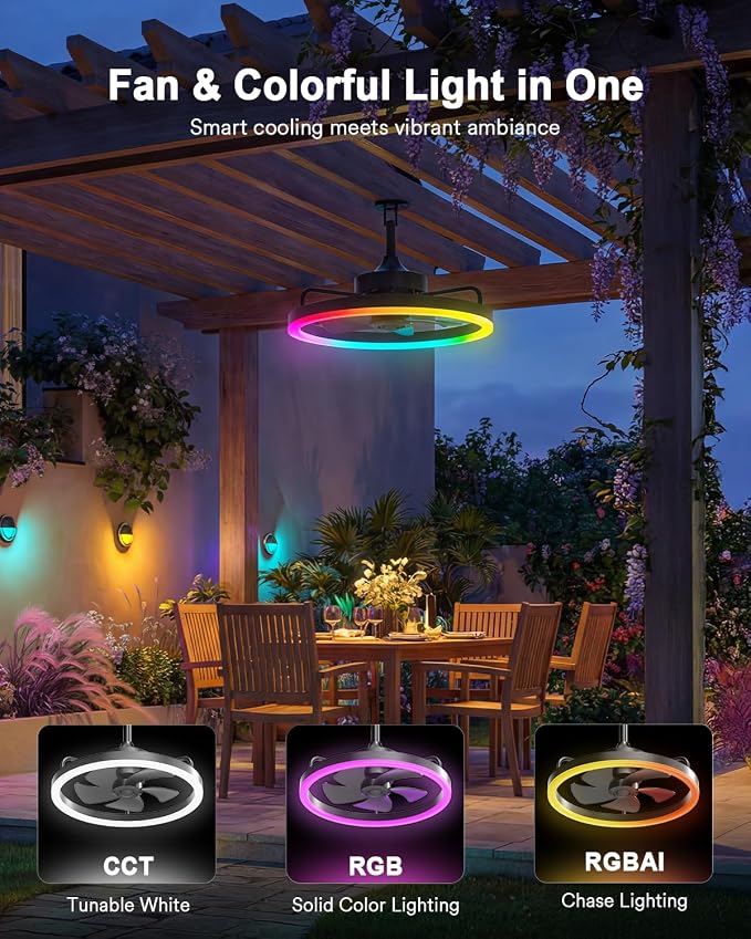 Lumary Smart Gazebo Ceiling Fans with Color Lights for Patios Outdoor, 20in | RGBAI+White Dimmable, Wi-Fi Bluetooth Connect, Work with Alexa/Google/APP, Waterproof Plug in Ceiling Fan with Hook/Remote