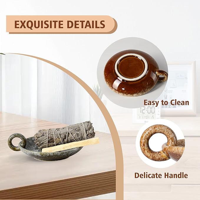 Ceramic Candle Holders with Handle, Palo Santo Holder for Burning, Vintage Farmhouse Smudge Incense Stick Bowl, Sage Burner Tray, Ash Catcher Plate for Meditation Room Home Decor (Khaki)
