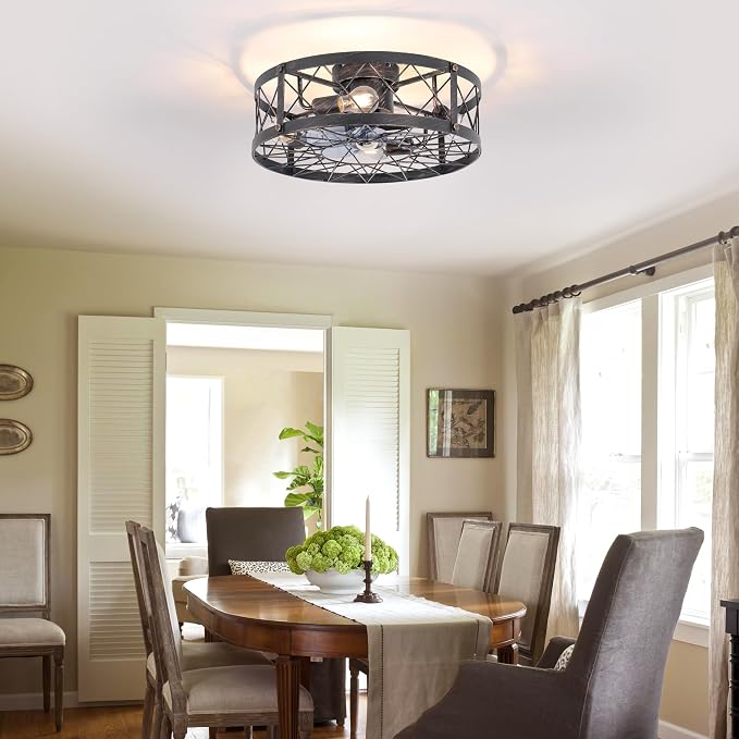 24" Farmhouse Flush Mount Caged Ceiling Fans with Lights, Rustic Low Profile Ceiling Fan with Light and Remote, Reversible DC Motor Bladeless Enclosed Ceiling Fan for Bedroom Laundry Room Kitchen