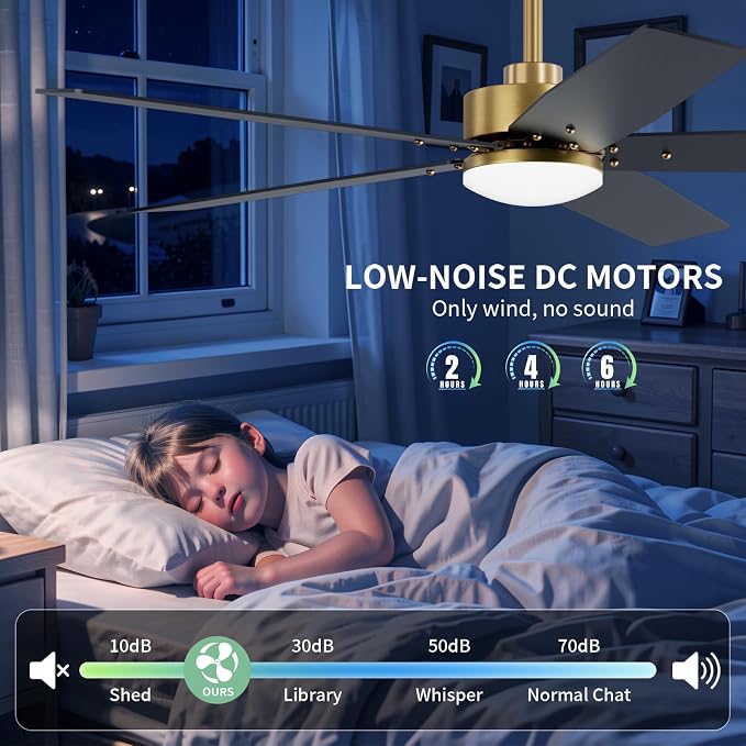52 Inch Ceiling Fans with Lights and Remote for Bedroom Living Room Kitchen Home Office Indoor/Outdoor, 18W 3CCT Dimmable, Dual Color 5 Blades 6 Speed Reversible Quiet DC Motor, Gold/Wood Grain