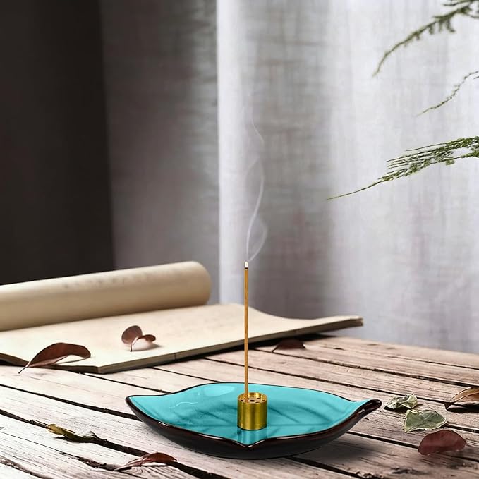 Incense Holder for Sticks (9 Holes) and Cones, Handmade Ceramic Incense Ash Catcher for Meditation, Yoga, SPA Days, Relaxing, Home Decor, Candle Holder, Easy to Clean, Leaf-Shape (Blue)