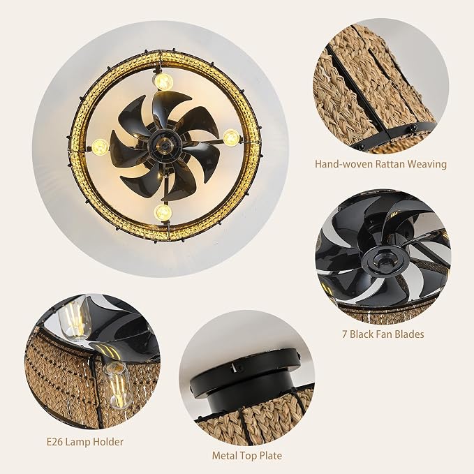Ganeed 20" Boho Ceiling Fan with Light, Handwoven Rattan Caged Ceiling Fan with Light and Remote, Low Profile 6 Speeds Enclosed Flush Mount Fandelier for Bedroom Kids Room Nursery Living Room
