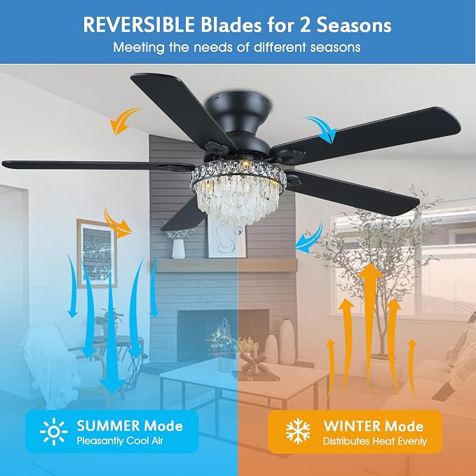 GJeg Crystal Ceiling Fan Fandelier with Lights-Ceiling Fans with Remote Control,Modern Ceiling Fan with Noiseless DC Reversible Motor,Dining Room,Living Room(52" Black)