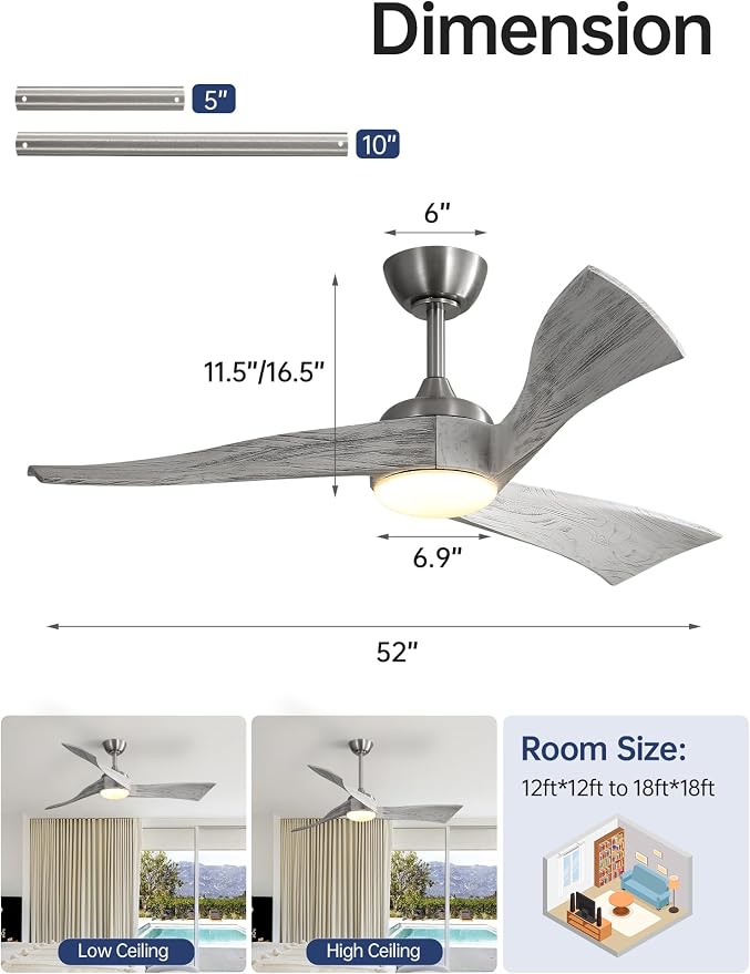 Sofucor 52 Inch Ceiling Fans with Lights and Remote, Modern Outdoor Indoor Ceiling Fan 3 Solid Wood Blades, Dimmable 3-Color LED with Memory, Timer & Quiet & Reversible DC Motor, Brushed Nickel&Gray