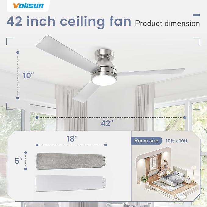 VOLISUN Ceiling Fans with Lights Flush Mount, 42 inch Low Profile Ceiling Fan with Light and Remote, Queit & Reversible Motor,3CCT, Dimmable, Modern Ceilings Fans for Bedroom, Living Room(Nickel)