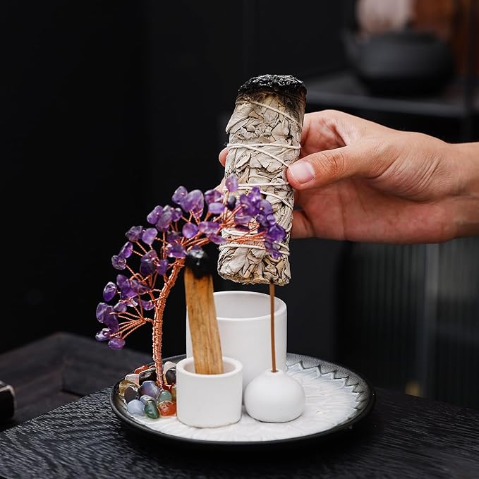 5 in 1 Incense Burner Holder with Crystal Tree for Burning Palo Santo Stick, Sage, Incense Sticks, Candle, Ceramic Tray Ash Catcher, Meditation Gift (Purple)