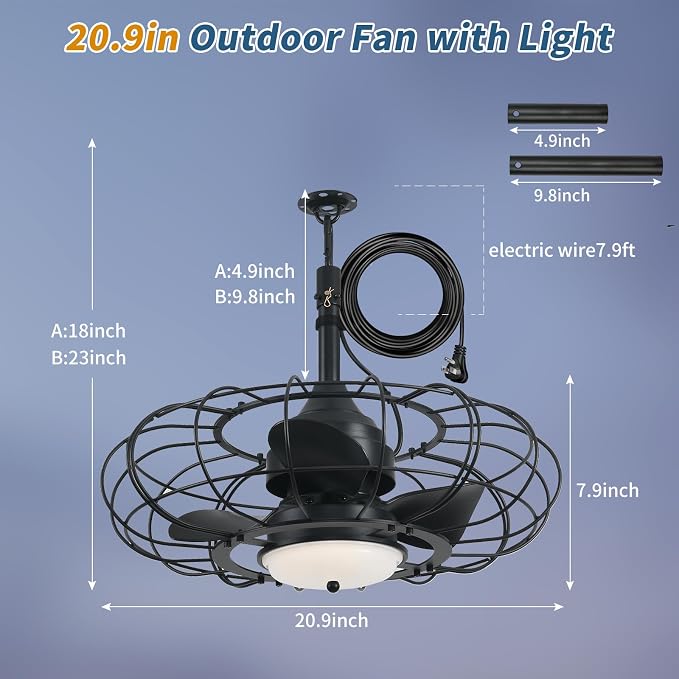 AHAWILL Outdoor Ceiling Fan with Light,20in Gazebo Fan with Remote and APP, 6 Speed,Dimmable 3 Color,Waterproof Cage Fan for Patio,Porch, Pergola,Canopy (dark black)