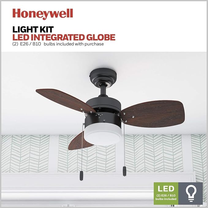 Honeywell Ceiling Fans Ocean Breeze Modern 30 Inch Ceiling Fan with Light, Pull Chain LED Indoor Fan with 3 Blades, Dark Brown Chestnut and Light Oak Blade Finish Options, Bronze (50602-01)