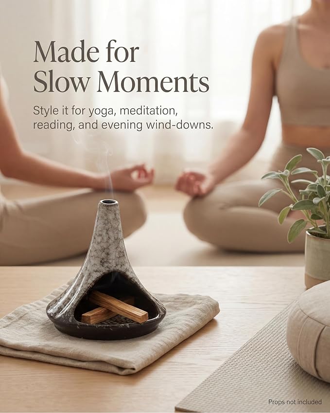 Ceramic Palo Santo Holder & Ash Catcher with Mini Chimney, Incense Holder & Sage Burner, Wabi-Sabi Home Decor for Meditation & Yoga (Ash Stone)