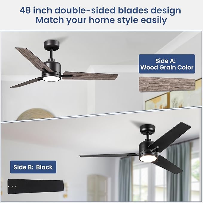 48 Inch Ceiling Fans with Lights Remote for Bedroom Living Room Kitchen Office, Indoor or Covered Outdoor, 3CCT Dimmable, Noiseless, 3 Blades, 6 Speed Reversible Quiet DC Motor, Black/Wood Grain