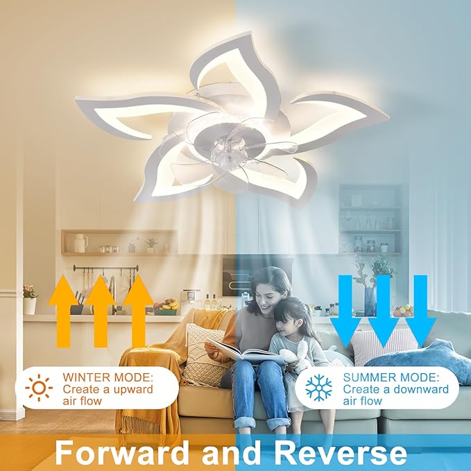 26" Geometric Ceiling Fan with Light Remote Control, 6 Speeds 3 Colors, White Low Profile Flush Mount Ceiling Light for Kitchen Bedroom Living Room