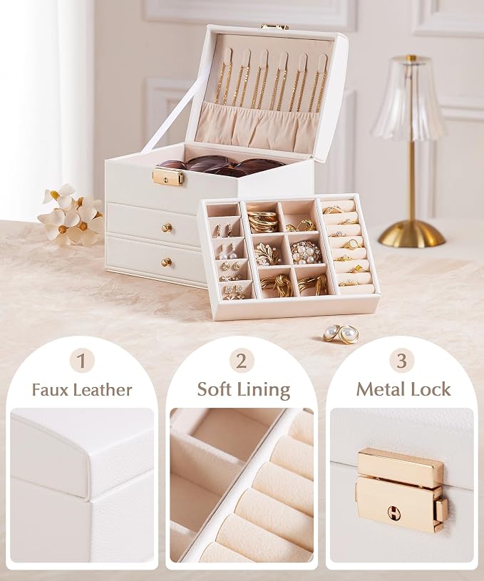 Homde Small Jewelry Box for Girls: 3-Layer Lockable Organizer (Cloud White) | Removable Tray&Dividers for Flexible Storage - Sort Earrings&Rings&Necklaces for Beginners - Birthday Gift for Teens