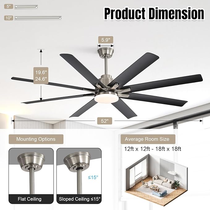 Sofucor 52 Inch Ceiling Fans with Lights and Remote, Modern Black Indoor/Outdoor Ceiling Fan with Quiet Reversible DC Motor, Dimmable LED, 8 Blades Ceiling Fan Light for Bedroom, Living Room, Patio
