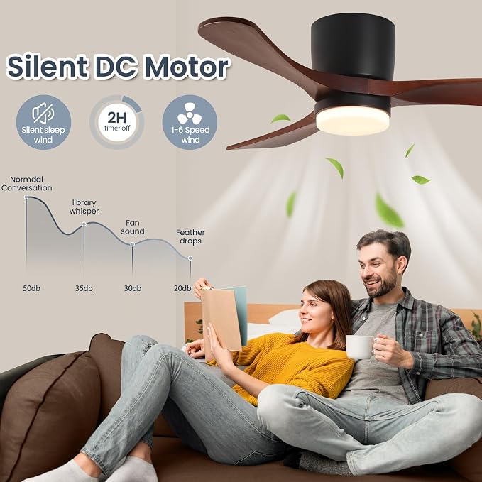 GESUM 42" Ceiling Fan with Lights Remote Control, Low Profile Ceiling Fan with 3 Walnut Wood Blades, Reversible,Dimmable, Flush Mount Ceiling Fans for Living Room Kitchen Bedroom(Black+Walnut)