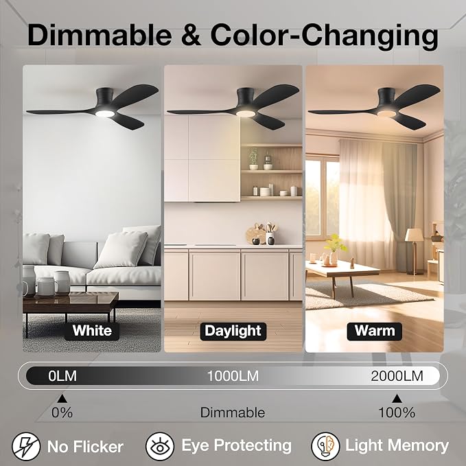 52” Smart Low Profile Ceiling Fans with Lights Remote,Wood Flush Mount Modern Ceiling Fan for Bedroom Living Room Patio,WIFI Alexa App Control,Outdoor Indoor Use,Matte Black,Ultra-Quiet,Dimmable LED