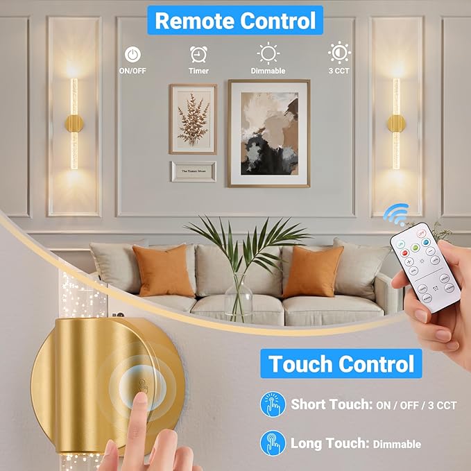 Peel and Stick on Gold Battery Operated Wall Sconces Set of 2, Rechargeable Magnetic Linear Wall Lights for Bedroom, Wireless Sconces with Remote&Touch Control, 3CCT&Dimmable Wall Lamp for Living Room