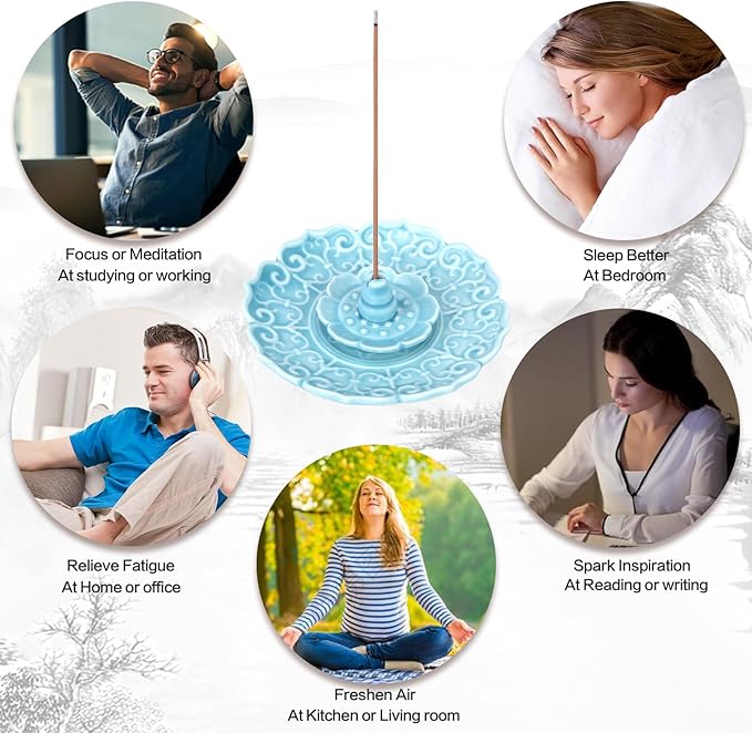 Incense Burner Lotus Incense Stick Holder Incense Holder for Sticks Ceramics Incense Burner Tray for Home Decor Yoga Meditation (Blue)