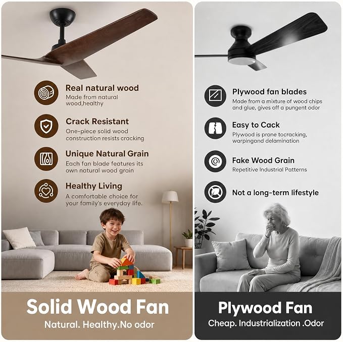 Skylike 52in Modern Wood Ceiling Fan No Light with Remote for Bedroom-Dark | Real Wood Blades, Quiet DC Motor,Reversible,Beep-Off Function,6 Speeds,3 Timers,6" downrod,Indoor and Outdoor