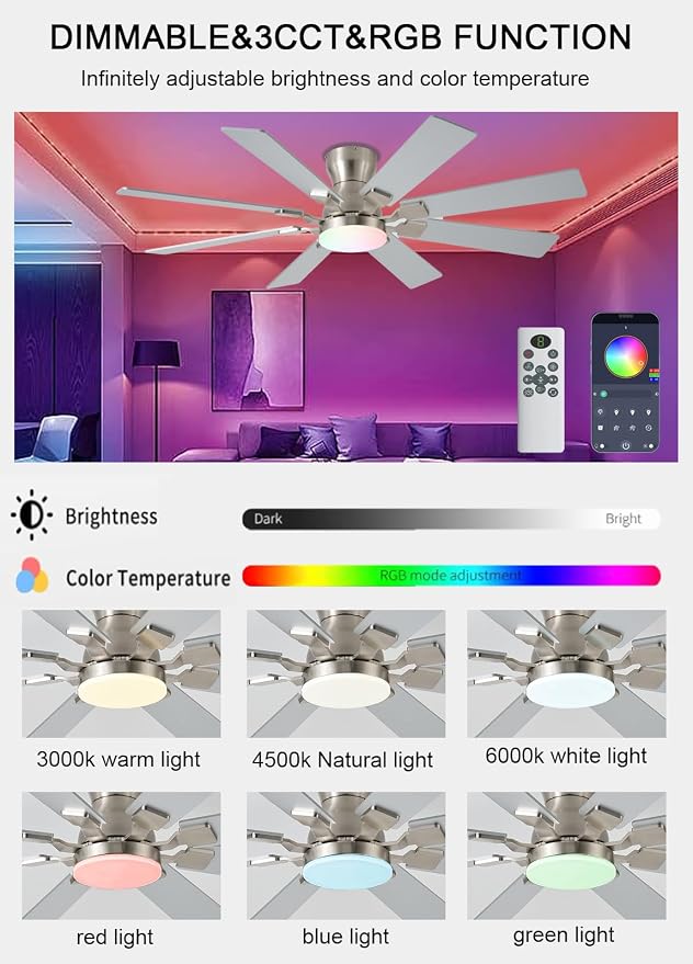 JSAITEE 52 inch Ceiling Fan with Light, 6 Speeds Reversible Low Profile Ceiling Fan with Light and Remote/APP Control, 3 Color Temp+Dimmable RGB, 8 Blades, Flush Mount Quiet Ceiling Fans, Nickel