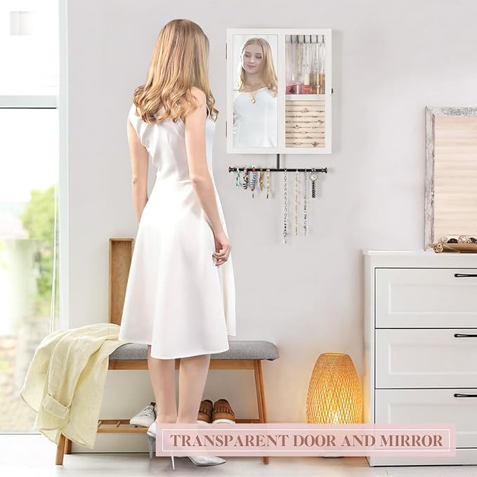 Keebofly Wall Jewelry Organizer Cabinet with Mirror,Rustic Wood Storage for Necklaces, Earrings, Bracelets & Rings, Large-Capacity Hanging Cabinet – White