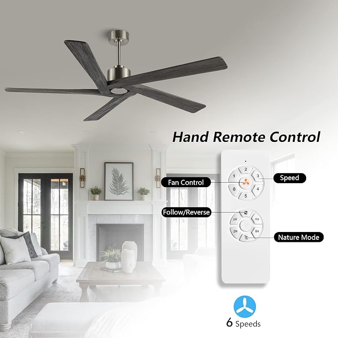 WINGBO 64 Inch DC Ceiling Fan without Lights, 5 Reversible Carved Solid Wood Blades, 6-Speed Noiseless DC Motor, Ceiling Fan No Light with Remote, Brushed Nickel Finish with Gray Blades, ETL Listed