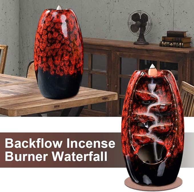 SPACEKEEPER Ceramic Incense Burner Holder Waterfall, Aromatherapy Ornament Home Decor with 120 Backflow Incense Cones & 30 Stick, Red