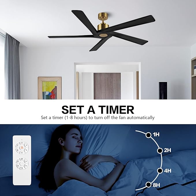 WINGBO 72" DC Ceiling Fan No Light with 3 Downrods, 5 Carved Solid Wood Blades, 6-Speed Reversible DC Motor, Black Large Ceiling Fan without Lights in Brass Finish, ETL Listed