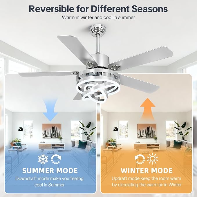 52" Ceilling Fan with Light Chandelier Fan Modern DC Motor Dimmable Led Fandelier Ceiling Fan with Light for Bedroom, Living Room Silver