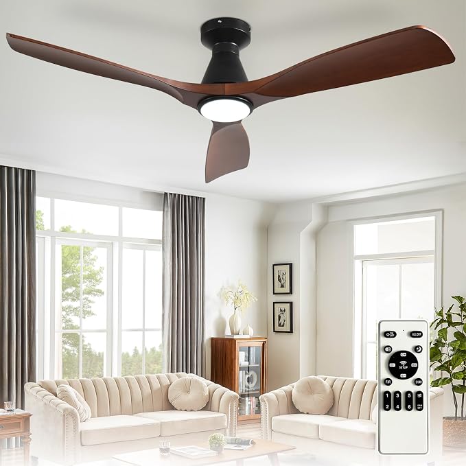 Depuley 52-Inch Ceiling Fans with Lights: Walnut 3 Blade Flush Mount Low Profile Ceiling Fan for Bedroom - Dimmable Indoor Outdoor Fan with Remote Control Ultra Quiet DC Motor Timer
