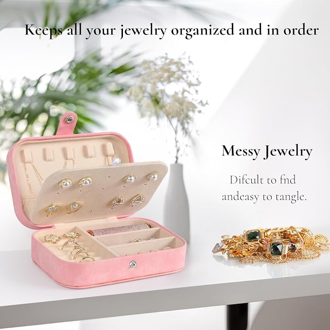 Hatori Travel Jewelry Box, PU Leather Small Jewelry Organizer for Women Girls, Double Layer Portable Mini Travel Case Display Storage Holder Boxes for Stud Earrings, Rings (Pink Beige)