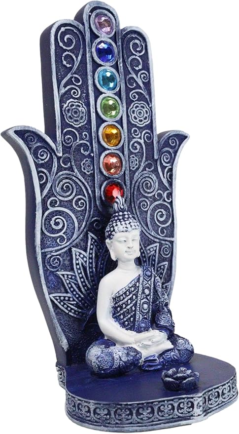 Ebros Gift Blue and White Nirvana Sacred Symbol Hamsa Palm with Buddha Gautama and Rainbow Chakra Stones Incense Stick Holder Burner Home Decor Figurine 6" H Zen Feng Shui Vastu Accent