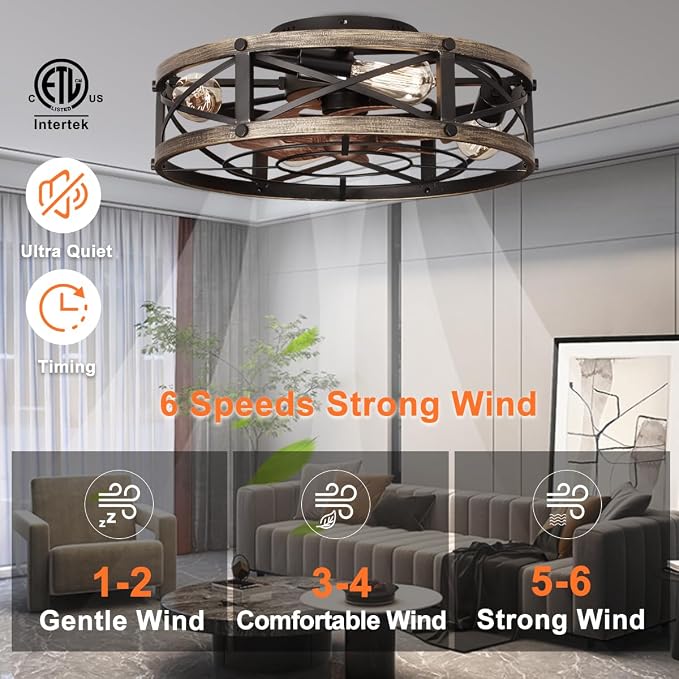 SHLUCE 19" Farmhouse Flush Mount Caged Ceiling Fans with Lights, Fandelier Rustic Low Profile Ceiling Fan with Light and Remote, Small Bladeless Ceiling Fans with Lights for Kitchen, Bedroom - ETL