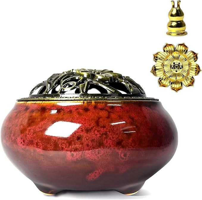 Ceramic Incense Burner, Bowl Burner,Cone Incense Burner with Brass lid for use with Stick or Cone-Shaped Incense，Lotus Incense Stick Holder Calabash Incense Stick Holder, 3pc (Fambe Red)