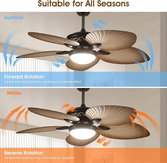 Wiviniya 52 Inch Tropical Ceiling Fans with Lights, Palm Leaf Outdoor Ceiling Fan with Light for Patios Porch Bedroom, Remote/APP Control, Reversible Quiet DC Motor, Dimmable LED, Wood Grain