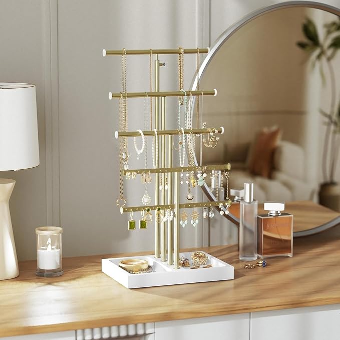 Love-KANKEI Jewelry Organizer Stand 5-Tier,Adjustable Height,White/Gold | Metal Rod,Solid Wood Base,Easy to Install,Tree Style,Display Long Necklaces,Bracelets,Earrings,Rings,Watches,Bangles,Gift