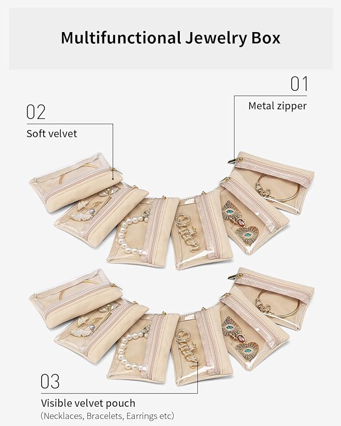 VLANDO 12 Pcs Travel Jewelry Organizer Velvet Jewelry Pouch with Zipper Clear Travel Jewelry Bag for Travel Business Trip Mother‘s Day Gift for Mom Wife Women