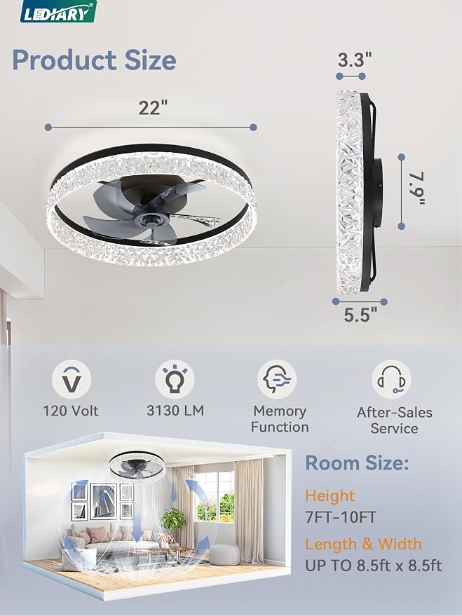 LEDIARY 22 Inch Ceiling Fans with Lights and Remote, Fandelier Low Profile Ceiling Fan, 3000K-6000K Dimmable Flush Mount LED Fan Light, Black Modern Ceiling Fans with Lights for Bedroom