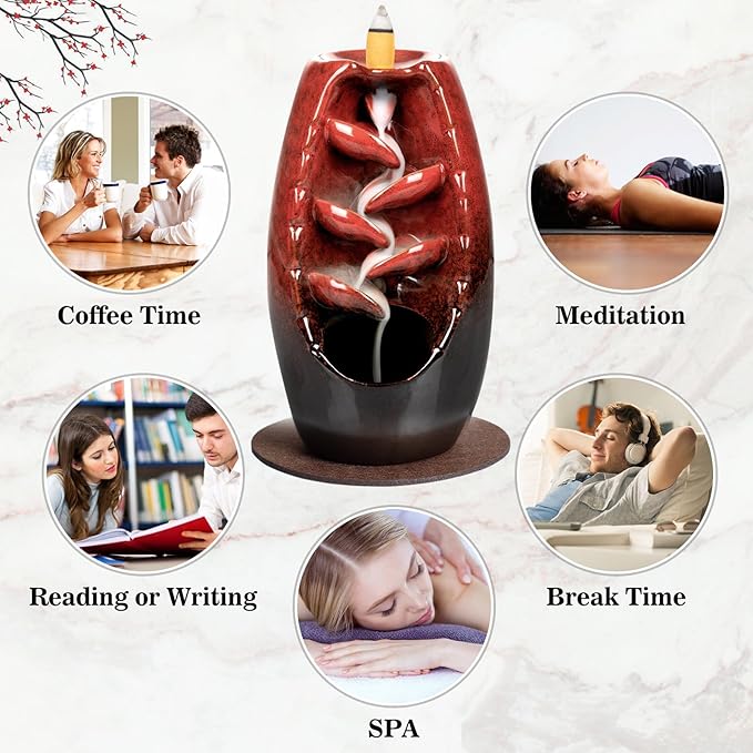 DAILYLIFE Backflow Incense Burner and Ceramic Incense Holder Waterfall, with 120 Mixed Backflow Incense Cones, 30 Incense Sticks, 1 Pad, Tweezer, Home Decor Aromatherapy Ornament, Red