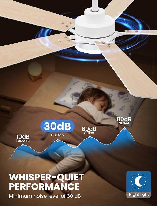 52 Inch Ceiling Fan with Lights and Remote, Downrod Mount, Sloped Ceiling Compatible up to 15°, Quiet Reversible DC Motor, 3CCT Dimmable LED, White Ceiling Fan for Bedroom Living Room