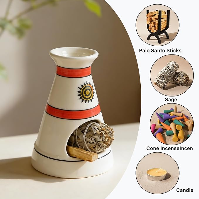 MOUGIGI Handcrafted Sun Totem Ceramic palo santo sticks holder with - Tent-Shape Mini chiminea for Sage, Incense Cones & Smudging Rituals -Thoughtful Gifts for Yoga, Meditation, Ash, Zen, Aromatherapy
