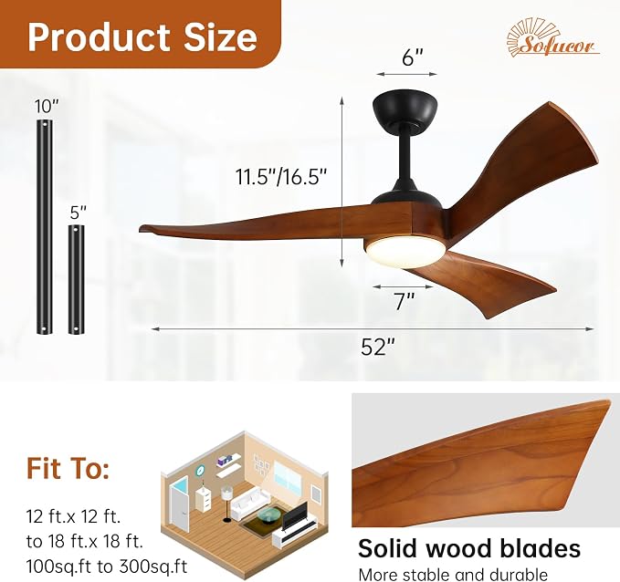 Sofucor 52 Inch Ceiling Fan with Light and Remote - 3 Solid Wood Blades, Quiet DC Motor, 6 Speeds 5000CFM, Dimmable Tri-Color LED with Memory, Timer & Reversible for Living Room, ETL, Walnut Wood