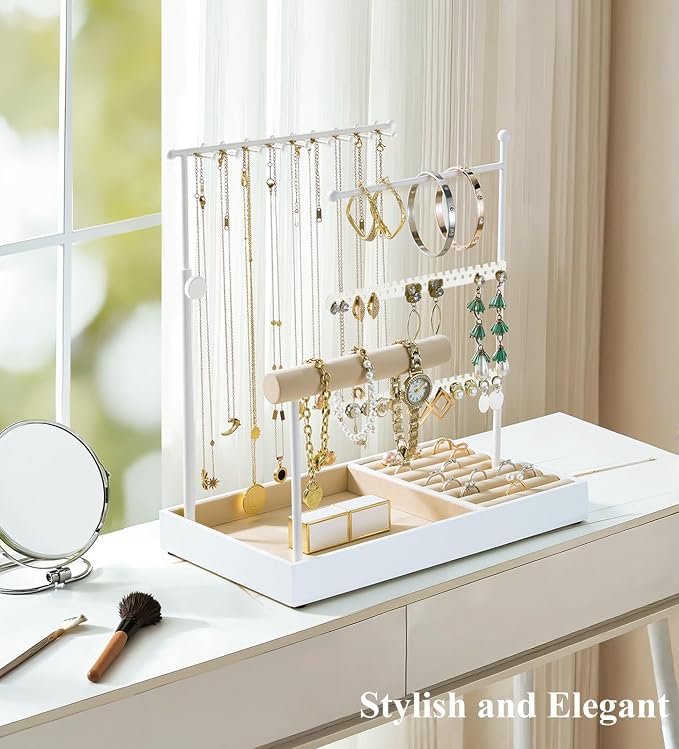 Emibele Jewelry Necklace Holder, 5 Tier Jewelry Organizers and Storage | Earring Bracelet Holder, Jewelry Display with Metal Frame Velvet Ring Tray, Aesthetic Jewelry Stand Gifts for Women, White